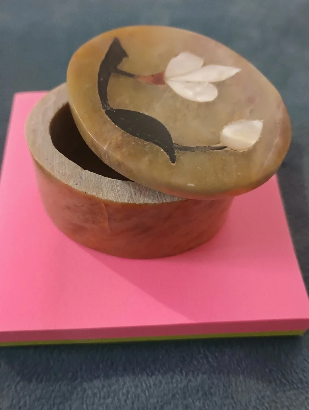 Carved Stone Trinket Box with Inlaid Flower - Beige and Black